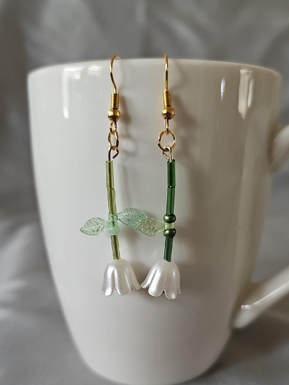 Mismatched Green and White Floral Drop Earrings